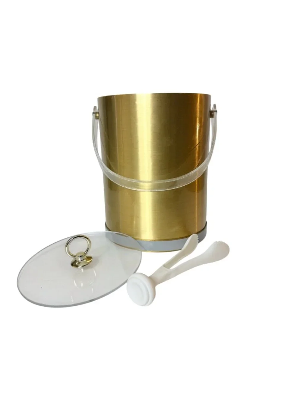 Vintage Culver Gold Ice Bucket Lucite Handle White Tongs Mid Century Barware